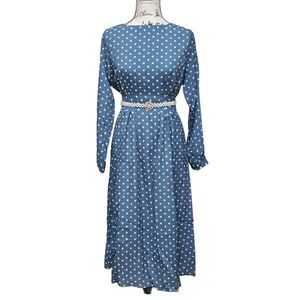 💙 NWT Modest Retro Vintage Polka Dot Long Sleeve Blue Midi Dress SIZE L